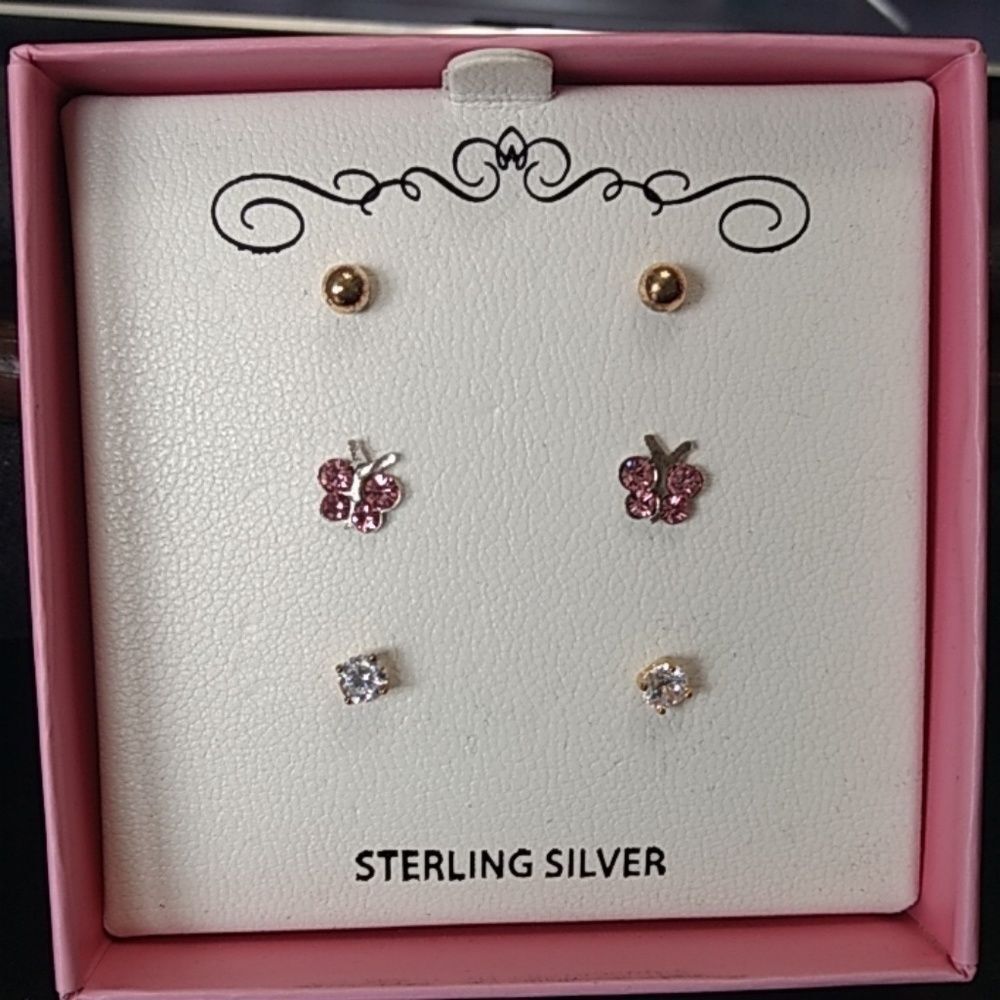 Dainty sterling silver earring set of three gold pink